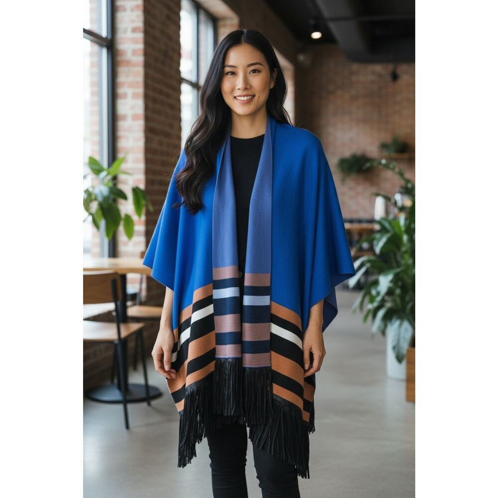 MAAC of London Sweater Cape Womens Tan Blue Fringe Open Front Cardigan Wool